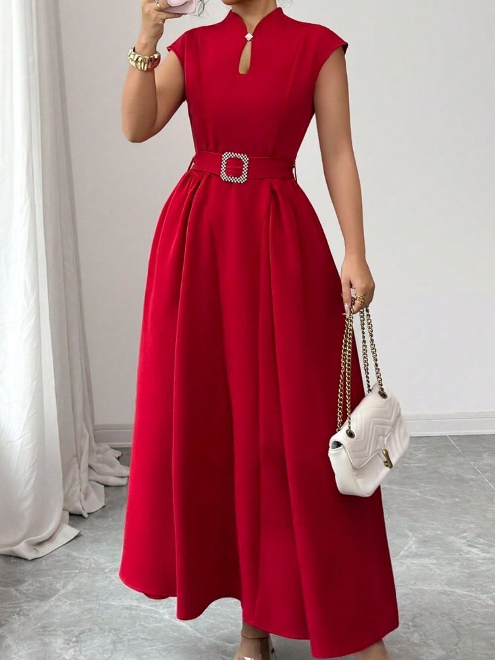 Red Elegant Women's Party Midi Dress with Waist Tie Belt, Flared Hem - Picture 3 of 6
